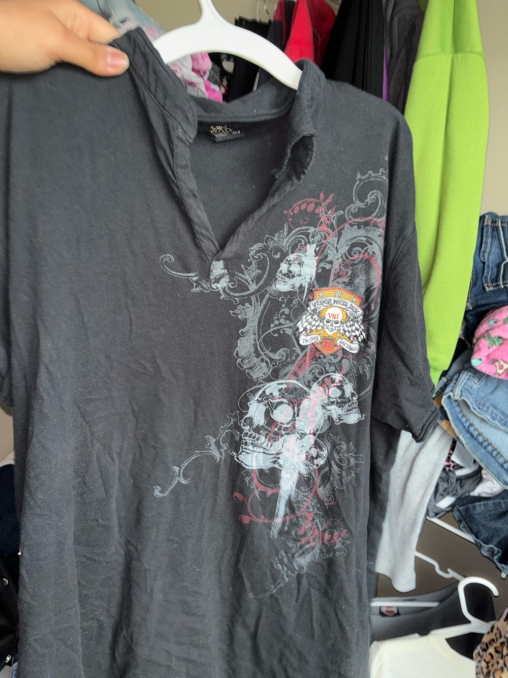 Black Graphic Skull V-Neck Men's Shirt